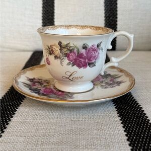 Sandy Lynam Clough Floral Teacup and Saucer Set with Gold Trim